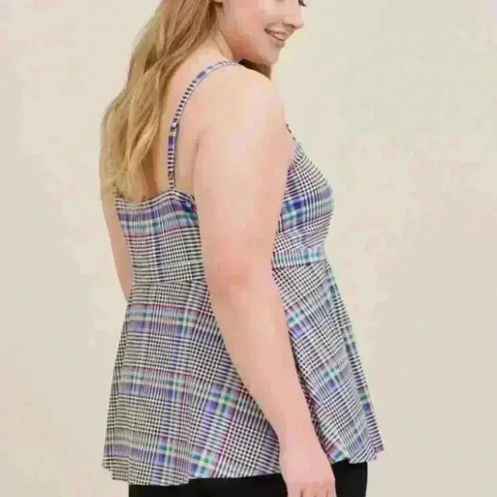 Torrid Multi Color Plaid Babydoll Mixed Fabric V-Neck Tank 00 M/L - Picture 2 of 8